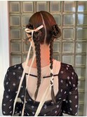 編みおろし三つ編みリボンヘアセット