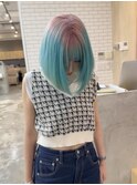 ピンクから水色のルーツカラー(ブリーチ2回)