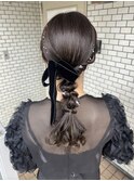編みおろし ヘアセット お呼ばれヘア 参列ヘア 金箔 リボン