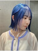 ボブ　ブリーチ　ワンレン　ブルー　ターコイズ