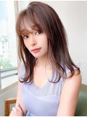 ミニウルフ前髪パーマ韓国くびれミディアムチェリーブラウン