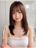 小顔 前髪 ミディアムレイヤーカット ダークアッシュ "