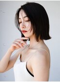 ◯ワンレンボブルフ黒髪ネビージュ小顔ぱっつん前髪ウルフパーマ
