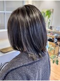 脱白髪染めハイライト/白髪染め/白髪ぼかし/ボブ/デザインカラー