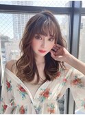 小顔セミウェットウェーブピンクベージュハイライトカラー