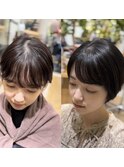 くびレイヤー薄めバンググレージュカラーピンクベー ジュパーマ