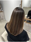 小顔ストレートロングストレートパーマオリーブベージュ韓国ボブ