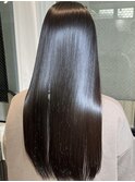 美髪ダークアッシュ黒髪フェミニンロング髪質改善
