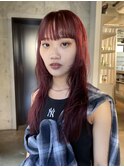 赤髪ロング　顔周りレイヤー　Uバング　ブリーチなしレッド