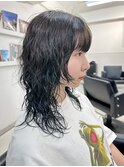 ロングウルフパーマ/顔まわりレイヤー/姫カット/ブルーブラック