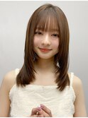 小顔 前髪 レイヤーカット チェリーブラウン"