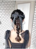 編みおろし ポニーテール リボンアレンジ お呼ばれヘア