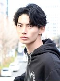 センターパートアップバングアッシュブラックマッシュパーマ