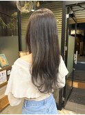 ロングショートワンカールパーマカーキグレージュ前髪錦糸町