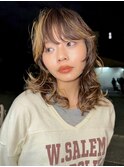 ウルフパーマ　ブラウン　ハイライト　ポイントブリーチ　