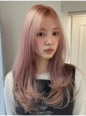 ブリーチピンクベージュ×韓国風レイヤーロング