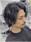 調布メンズボブサーフカール波巻きパーマセンターパートウルフ