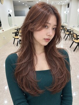 モト 船橋(moto) 韓国ロングレイヤー上品艶髪アプリコットブラウン顔周り船橋