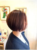 大人可愛い透明感つやつや透け感ブラウン×丸みボブ