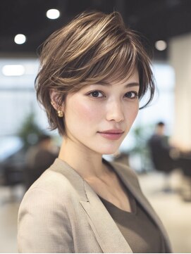 耳かけショートカットハイライトカラーひし形シルエットくびれ