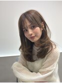 大人ガーリーピンクベージュミディアムレイヤーカット前髪あり
