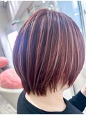 似合わせ小顔ショートヘアピンクブラウン×細めハイライト