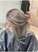 前髪ハイライトカラーこなれミディイメチェンウェーブパーマ