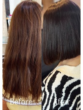 アークスヘアー 暗髪べージュアッシュ前下がりストレート大人ボブリップライン