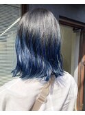 ミディアムボブ切りっぱなしボブブルーカラーダブルカラー