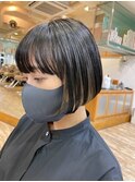 ミニボブインナーカラー前髪あり暗髪似合わせカット30代40代