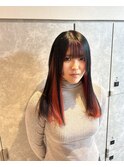 プルエクステインナーカラー赤髪前髪カット顔周り黒髪