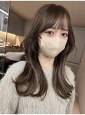 韓国ヘアーグレーベージュレイヤーロング前髪パーマ黒髪