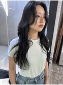 レイヤーカット　ハッシュカット　ロング　前髪なし