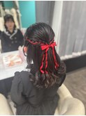 リボン編み込みハーフアップ