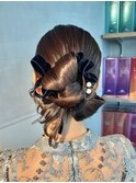 【リボンアレンジ】結婚式銀座お団子カチモリタイトヘアセット