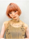 オレンジカラー　ワイドバング　マッシュウルフ　ボブ　レイヤー