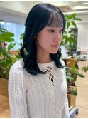 ブリーチ ダブルカラー ネイビーブルー 韓国風ヘア シースルー
