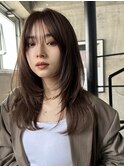 韓国ヘアレイヤーロンググレーベージュ前髪パーマ黒髪