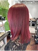 【白石】ブリーチなし赤髪ワインレッド艶カラーミディアム原宿
