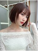 顔周りぱっつんシースルー前下がりボブチェリーピンクブラウン