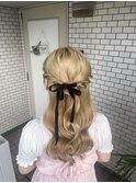 ハーフアップ　イベントヘア　お呼ばれヘア　リボン