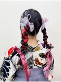 三つ編み×リボンヘア