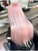 ペールピンク×水色、紫メッシュ/スーパー人毛エクステ80枚
