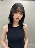 黒髪ボブルフネビージュワンレンくびレイヤーミディアムヘア