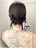 ヘアアレンジセットリボンタイトローシニヨンツイン結婚式卵型