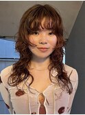 オレンジブラウン　ウルフパーマ　ブリーチ無し　くるくるパーマ