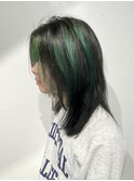 メンズロングハイライトグリーンカラーハイライトカラー学割渋谷