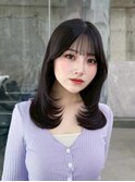 大人ガーリー似合わせカットミディアムレイヤーダークアッシュ