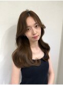 前髪ありくびれヘア夏アプリコットオレンジハイライトカラー