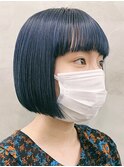前髪あり切りっぱなしボブショートボブネイビーブルーカラー